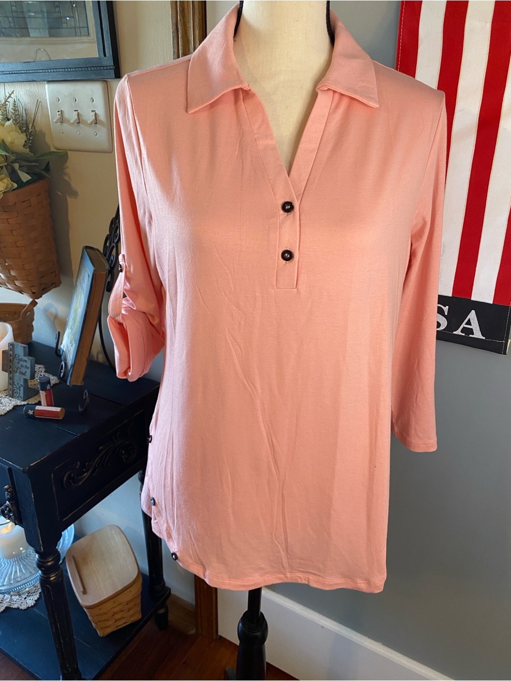 Women's Peach Collared 3/4 Sleeve Polo Blouse